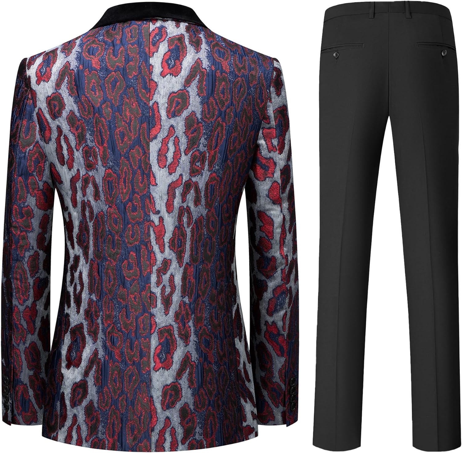 Men's Slim Fit Leopard Print Tuxedo Suit with Black Velvet Shawl Lapel One Button Tuxedo Jacket & Black Suit Pants Set