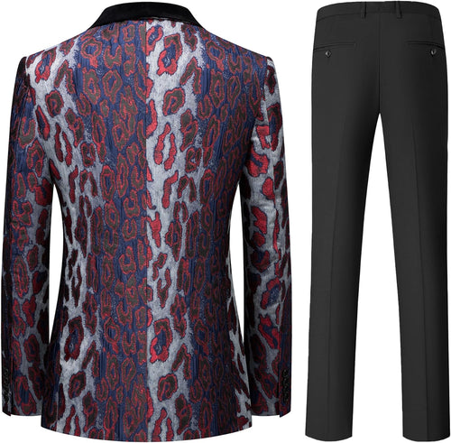 Men's Slim Fit Leopard Print Tuxedo Suit with Black Velvet Shawl Lapel One Button Tuxedo Jacket & Black Suit Pants Set