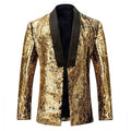 Men's Full Sequin Reflective Gold Tuxedo with Silver Geometric Patterns Mandarin Collar