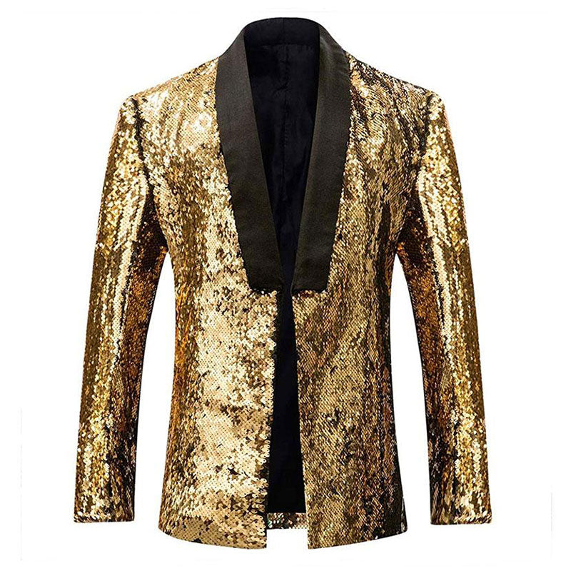 Men's Full Sequin Reflective Gold Tuxedo Mandarin Collar