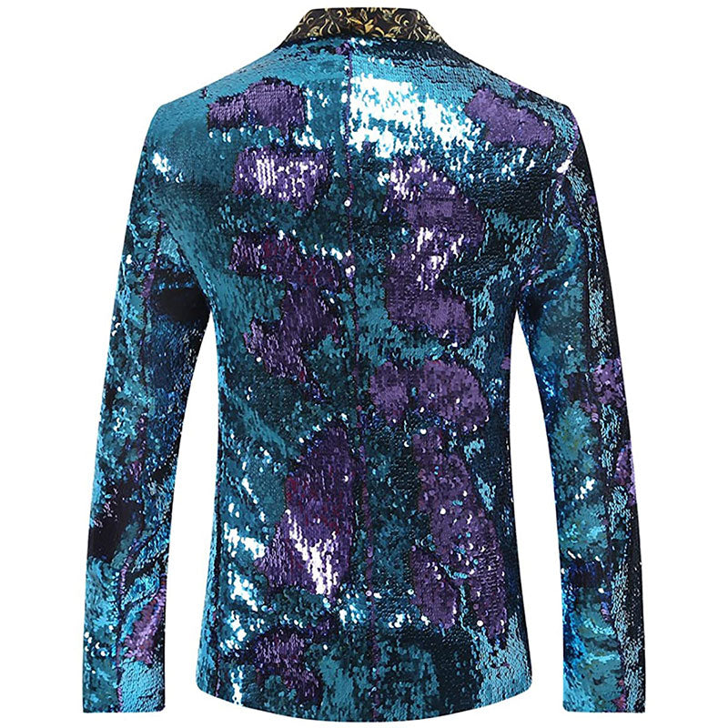 Men's V-neck Full Sequin Teal Tuxedo with Purple Geometric Patterns