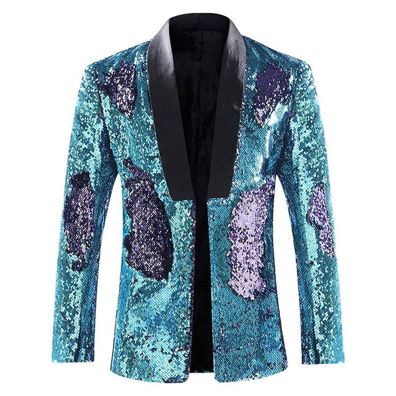 Men's Full Sequin Reflective Sky Blue Tuxedo with Purple Geometric Patterns Mandarin Collar