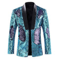 Men's Full Sequin Reflective Sky Blue Tuxedo with Purple Geometric Patterns Mandarin Collar