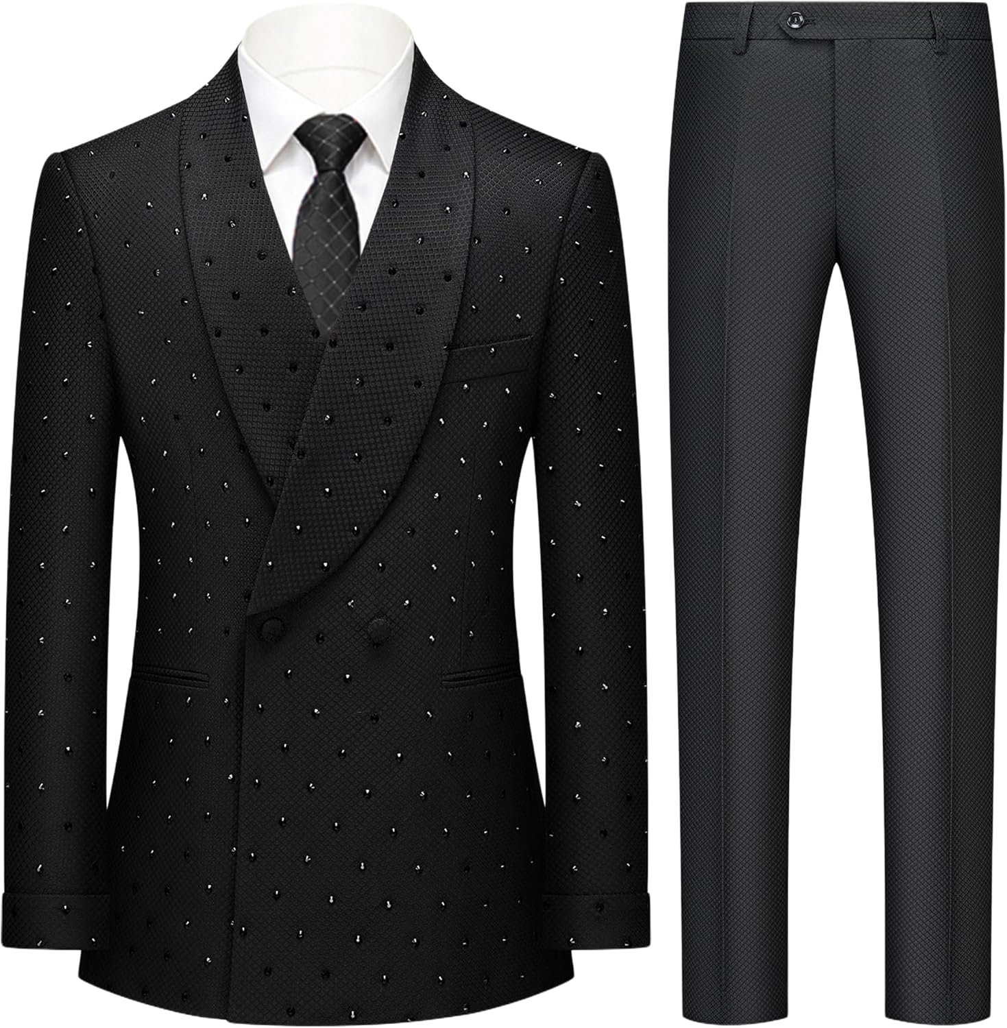 Mens 2 Pieces Sparkling Rhinestone Waffle Textured Tuxedo Slim Fit Suit Blazer Pants Stylish Prom Banquet Wedding Event