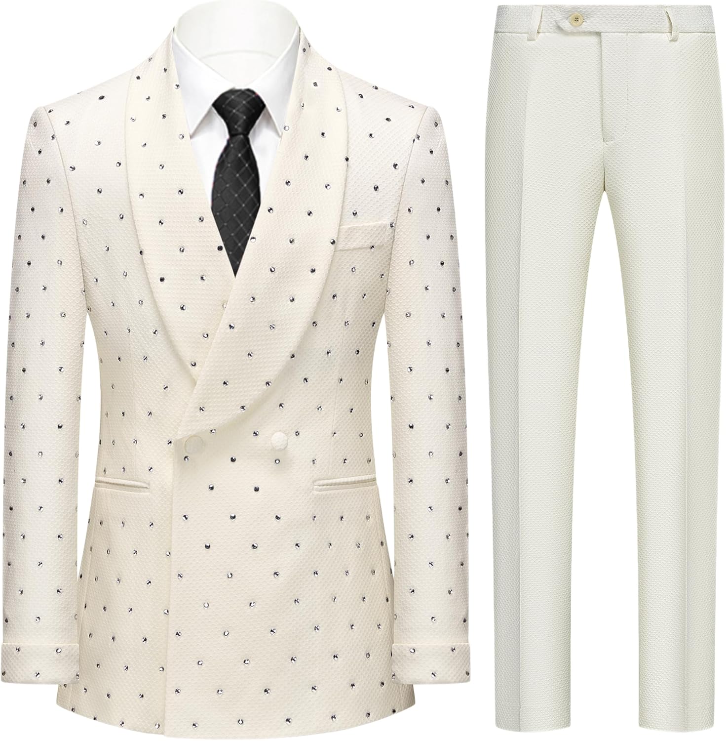 Mens 2 Pieces Sparkling Rhinestone Waffle Textured Tuxedo Slim Fit Suit Blazer Pants Stylish Prom Banquet Wedding Event