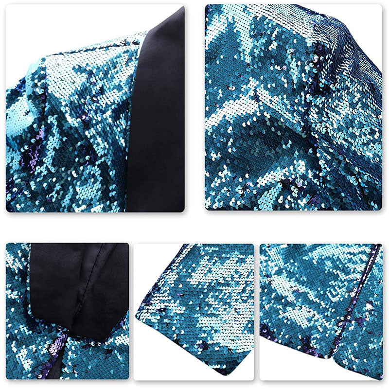Men's Full Sequin Reflective Sky Blue Tuxedo with Purple Geometric Patterns Mandarin Collar