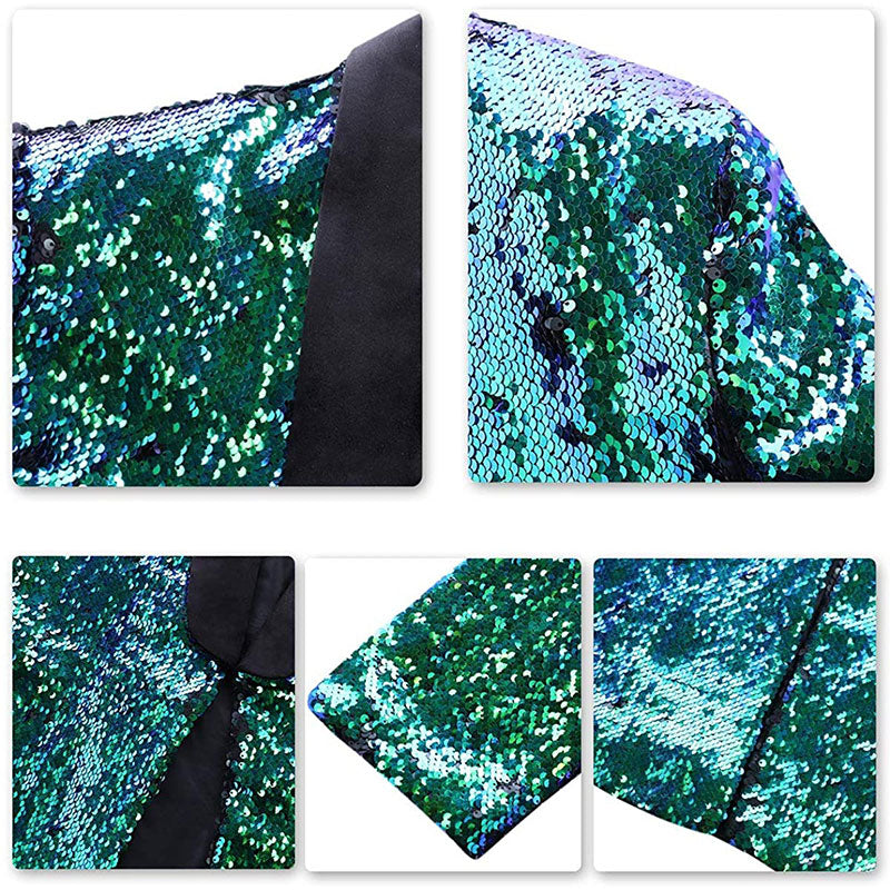 Men's Full Sequin Reflective Teal Green Tuxedo Mandarin Collar