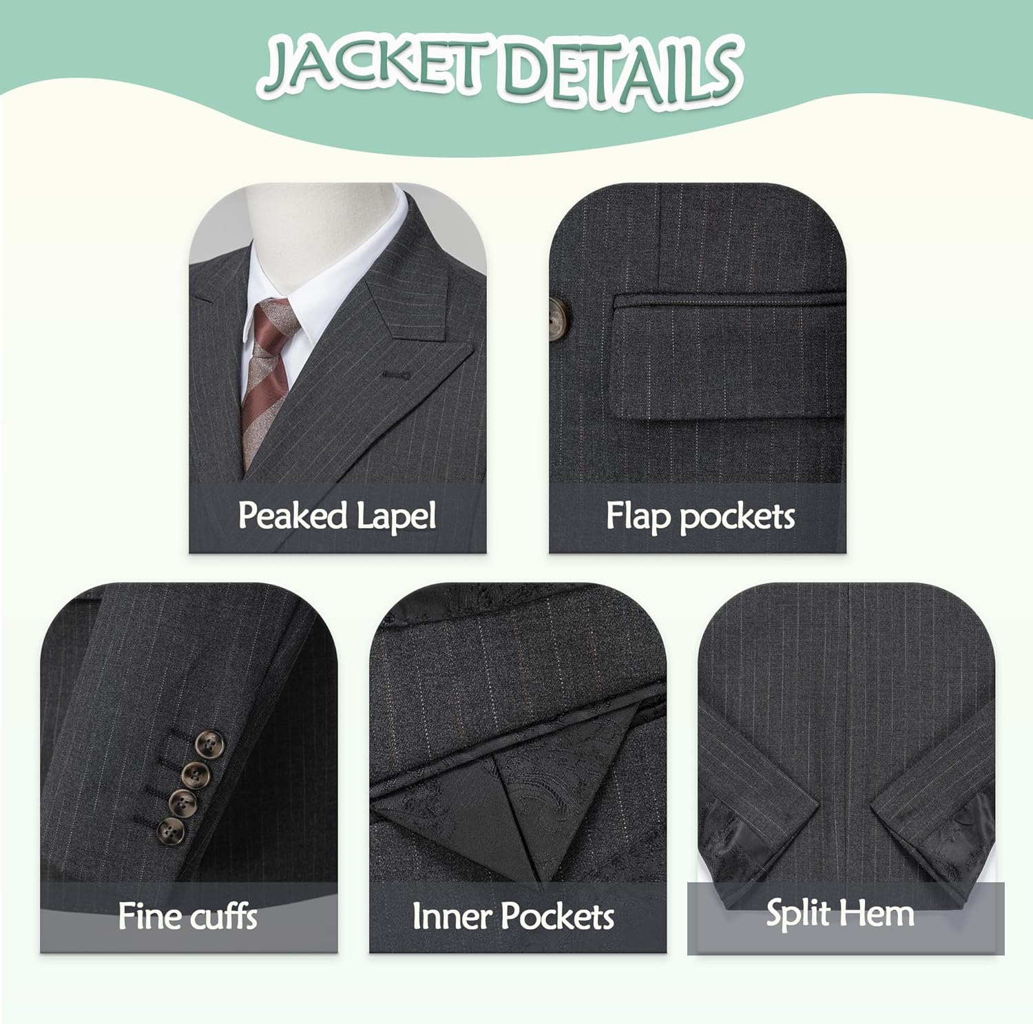 Men's Double Breasted Pinstripe Suit Set Peaked Lapel 2 Piece Tailored Fit Blazer Pants Set