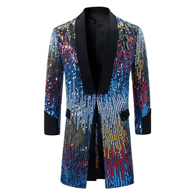 Men's Full Sequin Gradient Multi-color Tassel Blue Long Jacket for Stage