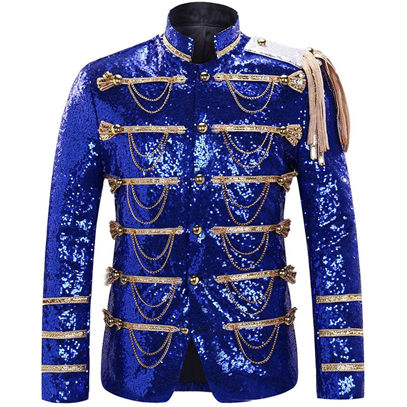 Men's Classic Military Style Stage Full Navy Blue Sequin Jacket