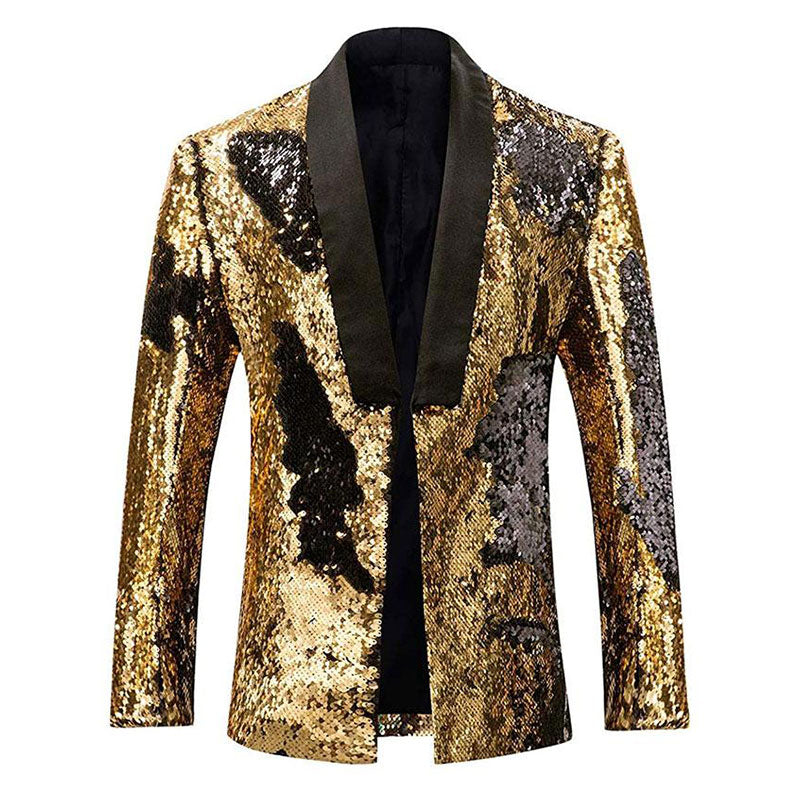 Men's Full Sequin Reflective Gold Tuxedo with Silver Geometric Patterns Mandarin Collar