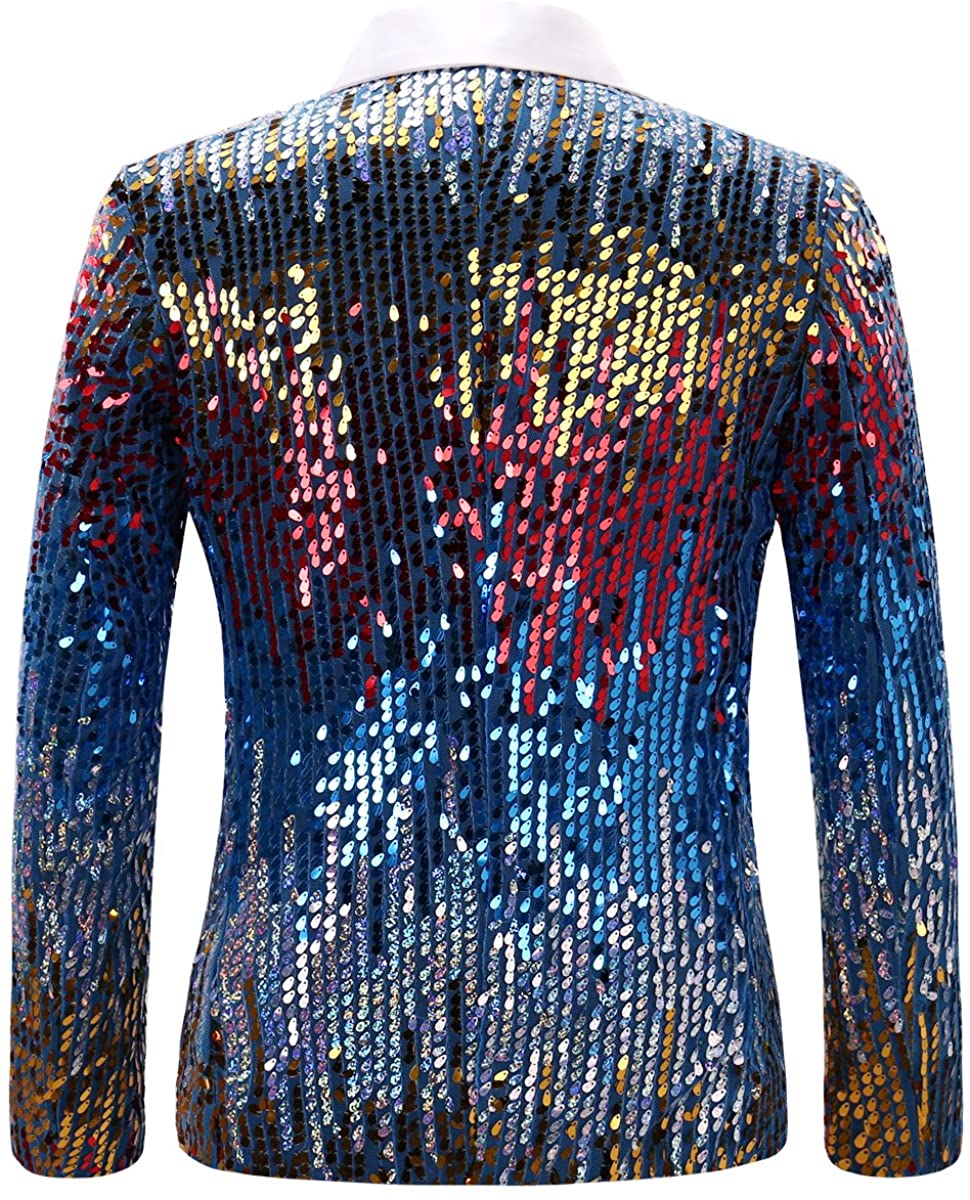 Men's Full Sequin Gradient Multi-color Tassel Blue Dinner Jacket for Stage