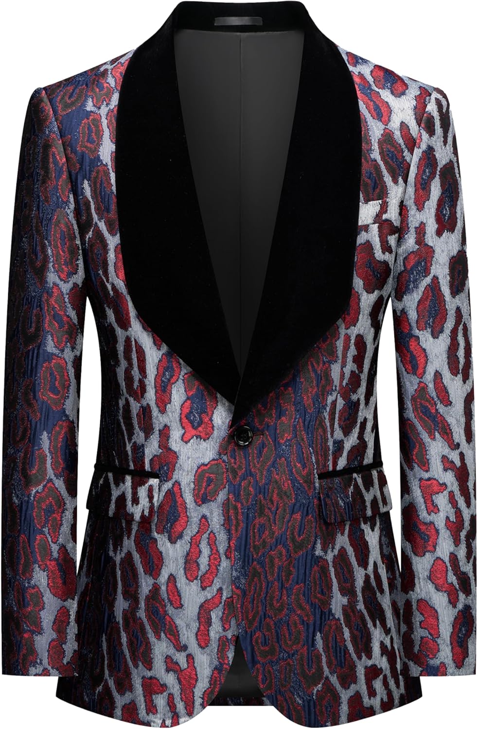 Men's Slim Fit Leopard Print Tuxedo Suit with Black Velvet Shawl Lapel One Button Tuxedo Jacket & Black Suit Pants Set