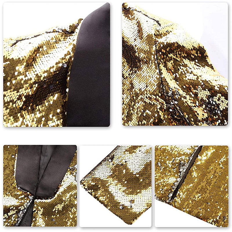 Men's Full Sequin Reflective Gold Tuxedo Mandarin Collar