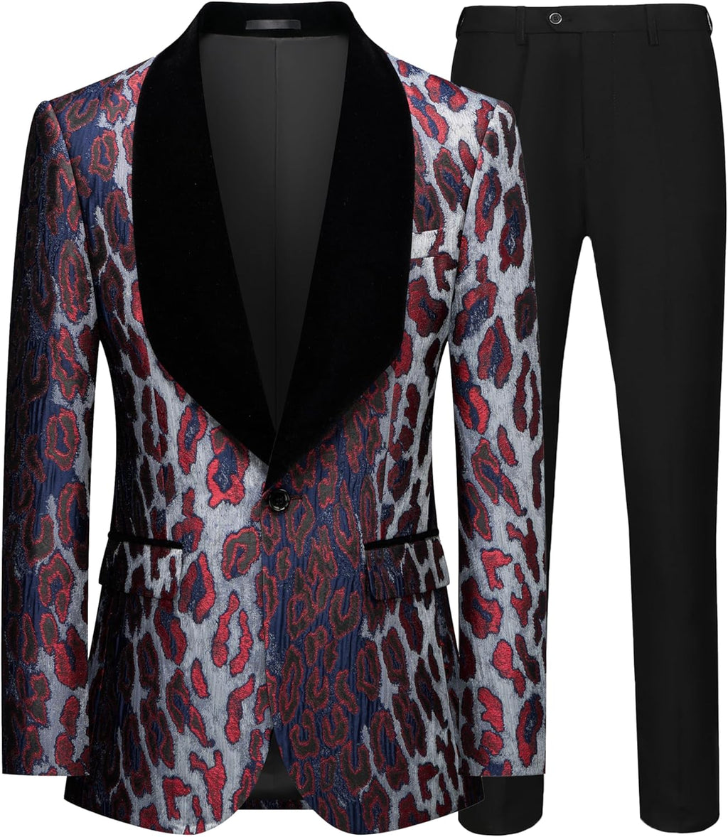 Men's Slim Fit Leopard Print Tuxedo Suit with Black Velvet Shawl Lapel One Button Tuxedo Jacket & Black Suit Pants Set