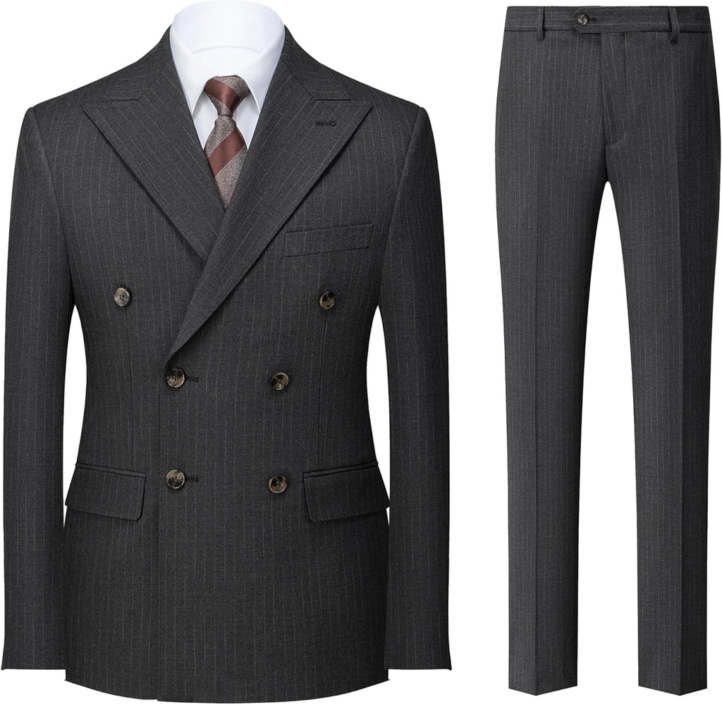 Men's Double Breasted Pinstripe Suit Set Peaked Lapel 2 Piece Tailored Fit Blazer Pants Set