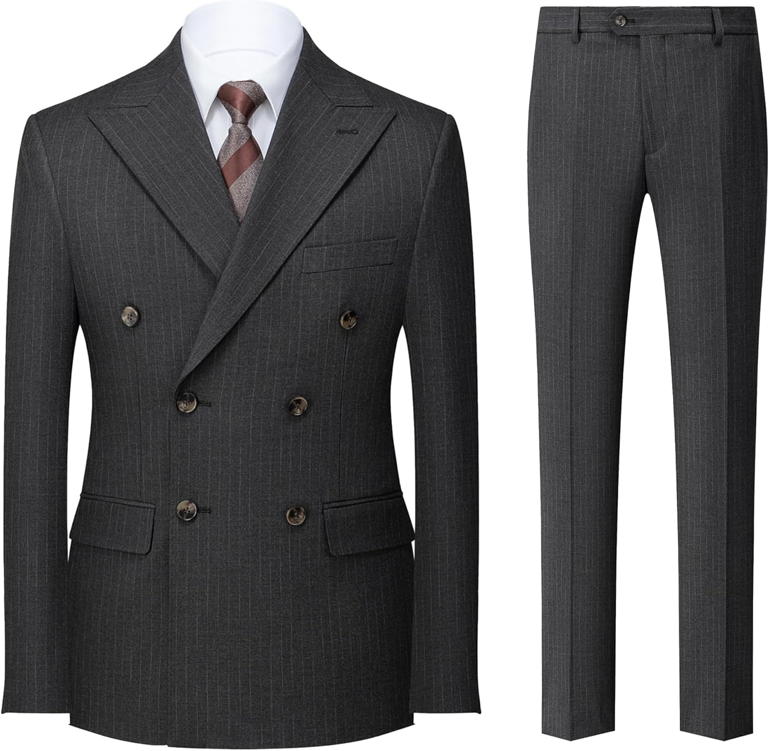 Men's Double Breasted Pinstripe Suit Set Peaked Lapel 2 Piece Tailored Fit Blazer Pants Set