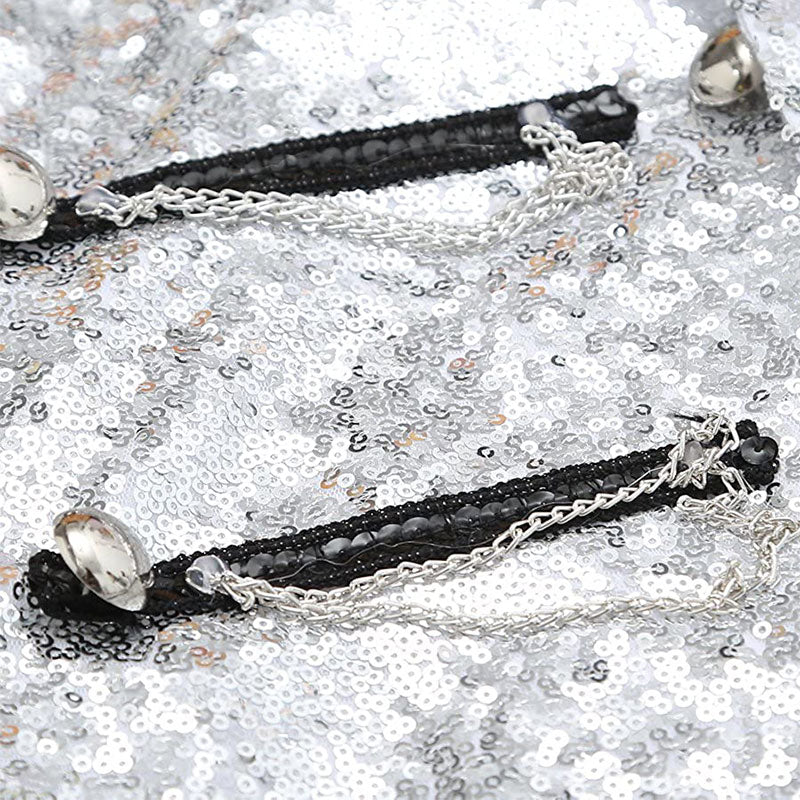 Men's Classic Military Style Stage Full Silver Sequin Trench Coat