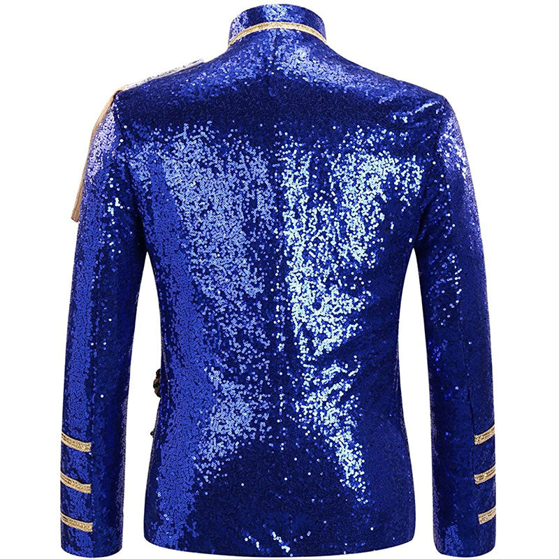 Men's Classic Military Style Stage Full Navy Blue Sequin Jacket