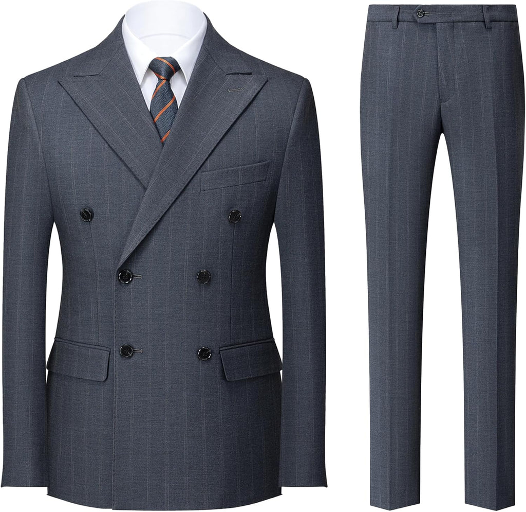 Men's Double Breasted Pinstripe Suit Set Peaked Lapel 2 Piece Tailored Fit Blazer Pants Set