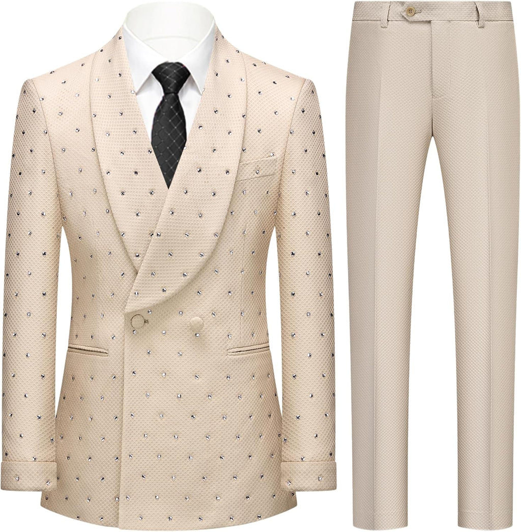 Mens 2 Pieces Sparkling Rhinestone Waffle Textured Tuxedo Slim Fit Suit Blazer Pants Stylish Prom Banquet Wedding Event