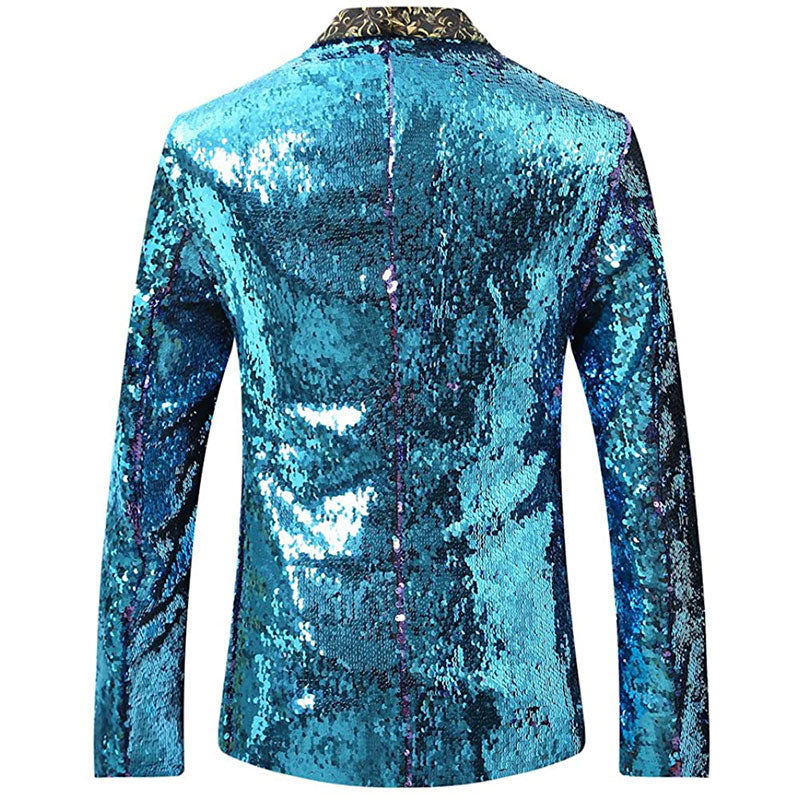 Men's V-neck Full Sequin Teal Tuxedo with Purple Geometric Patterns