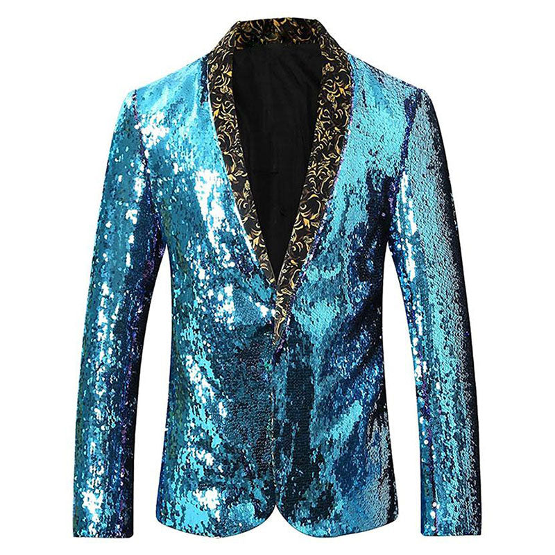 Men's V-neck Full Sequin Teal Tuxedo with Purple Geometric Patterns