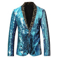 Men's V-neck Full Sequin Teal Tuxedo with Purple Geometric Patterns
