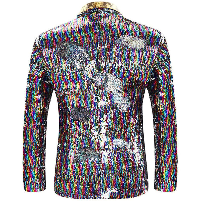 Men's Full Sequin Rainbow Laser Gold Lapel Colorful Tuxedo
