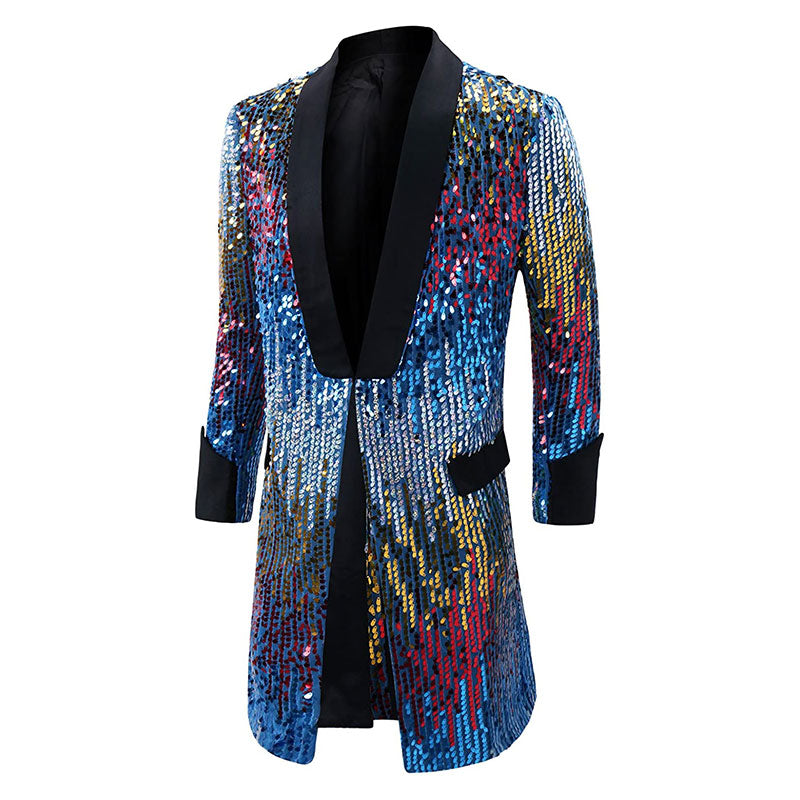 Men's Full Sequin Gradient Multi-color Tassel Blue Long Jacket for Stage