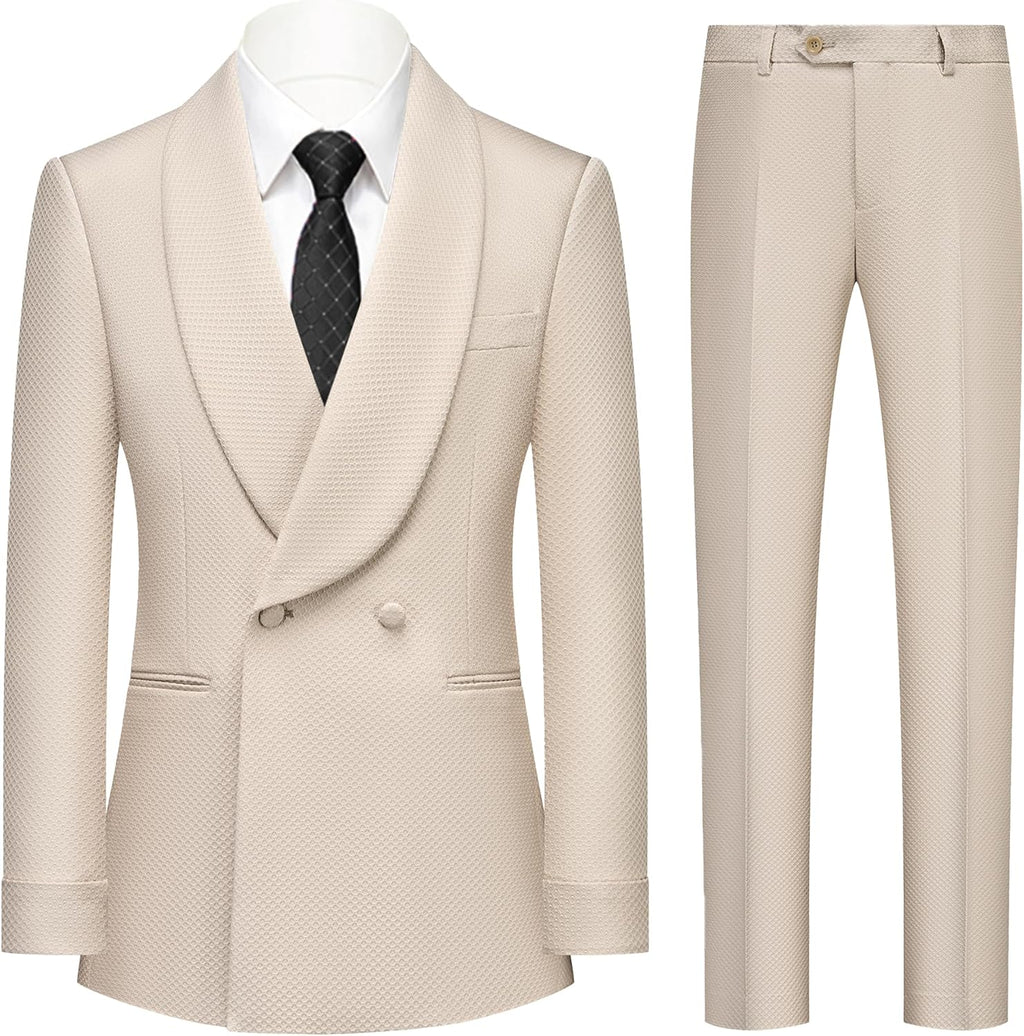 Mens Tuxedo 2 Pieces Shawl Lapel Waffle Textured Suit Blazer Pants Slim Fit Business Events Banquet Dinner Party