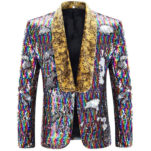 Men's Full Sequin Rainbow Laser Gold Lapel Colorful Tuxedo