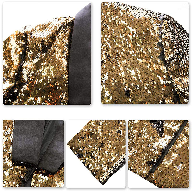 Men's Full Sequin Reflective Gold Tuxedo with Silver Geometric Patterns Mandarin Collar