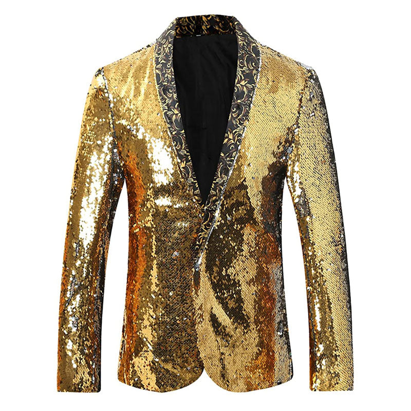 Men's V-neck Full Sequin Golden Tuxedo with Silver Geometric Patterns