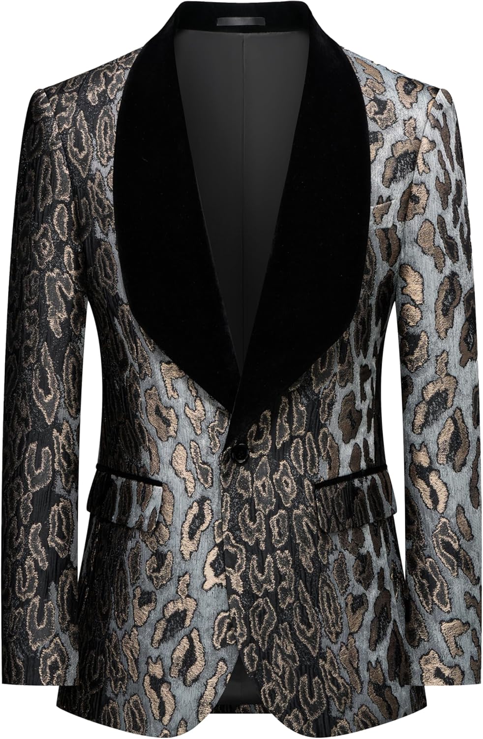 Men's Slim Fit Leopard Print Tuxedo Suit with Black Velvet Shawl Lapel One Button Tuxedo Jacket & Black Suit Pants Set