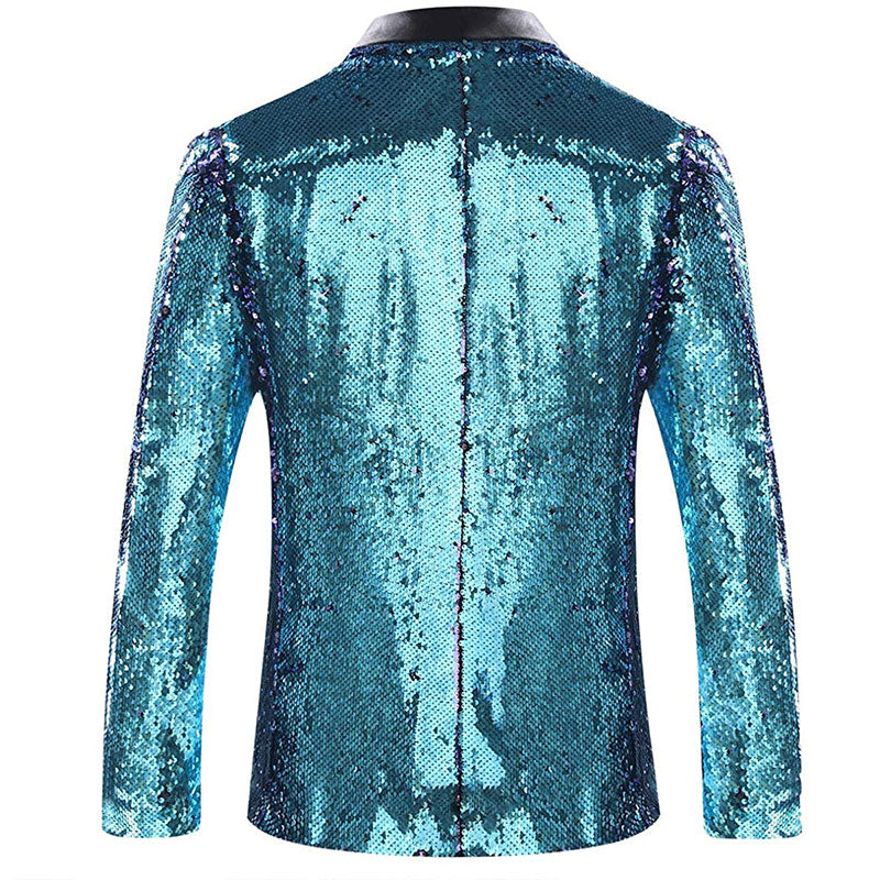 Men's Full Sequin Reflective Sky Blue Tuxedo with Purple Geometric Patterns Mandarin Collar