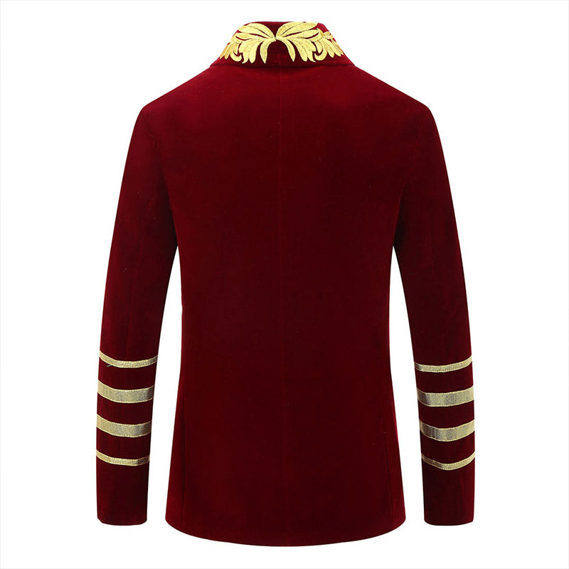 Men's Gold Floral Embroided Collar Court Style Burgundy Jacket