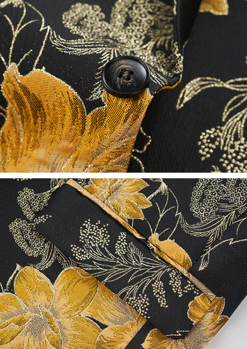 Men's Stylish Yellow Floral Jacquard Black Jacket