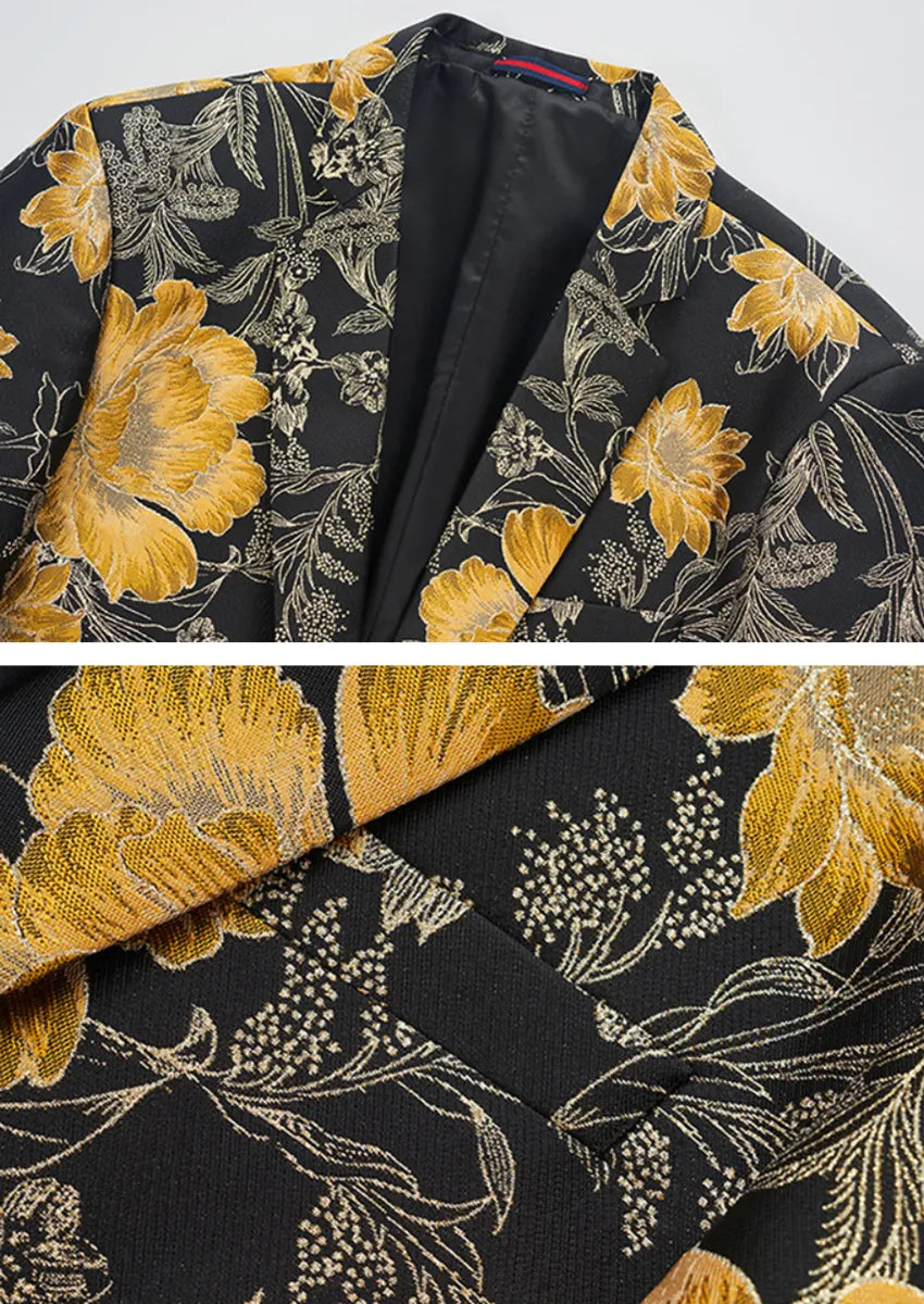 Men's Stylish Yellow Floral Jacquard Black Jacket