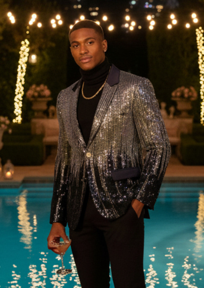 Men's Full Sequin Gold Tassel Navy Tuxedo Jacket for Stage
