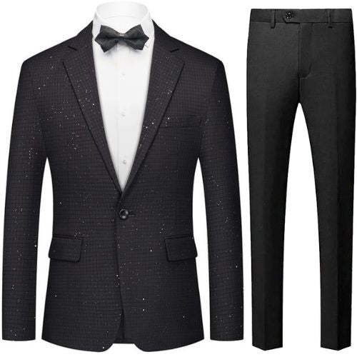 Men's 2-Piece Slim Fit Plaid Sequin Black Suit