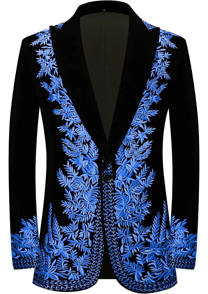 Men's Luxurious Navy Embroidery Black Velvet Tuxedo