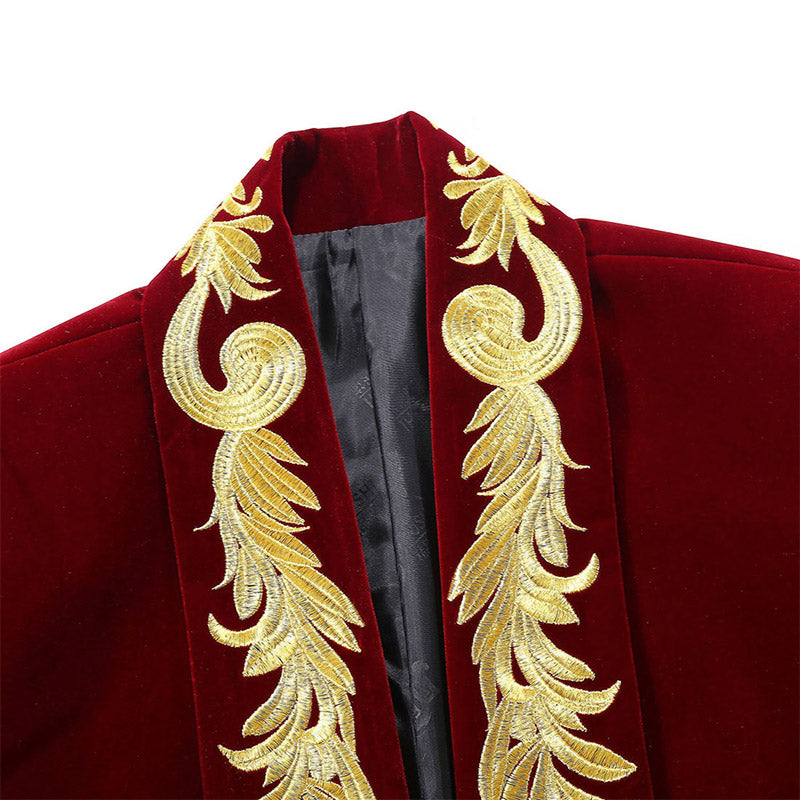 Men's Gold Floral Embroided Collar Court Style Burgundy Jacket