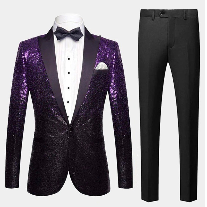 Men's Shimmering Gradient Sequin Tuxedo Jacket Black Purple