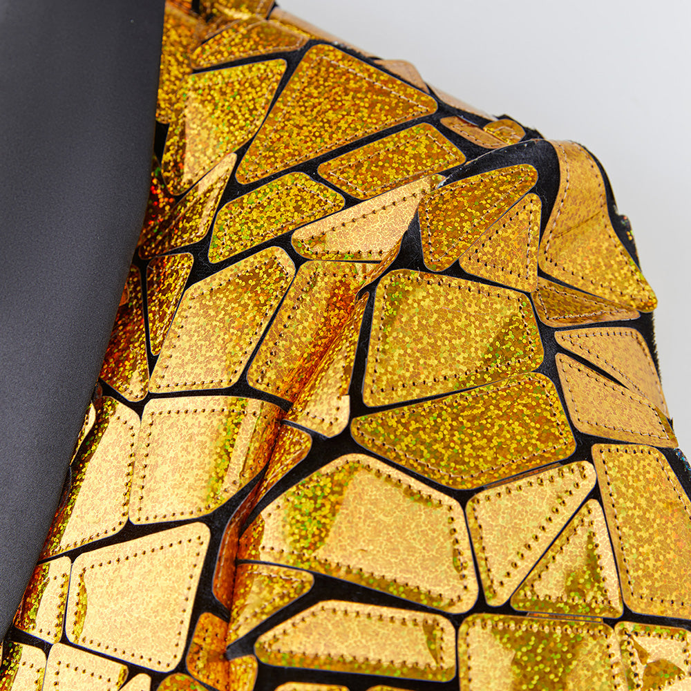 Men's Unique Mirrored Geometric Patchwork Golden Prom Suit