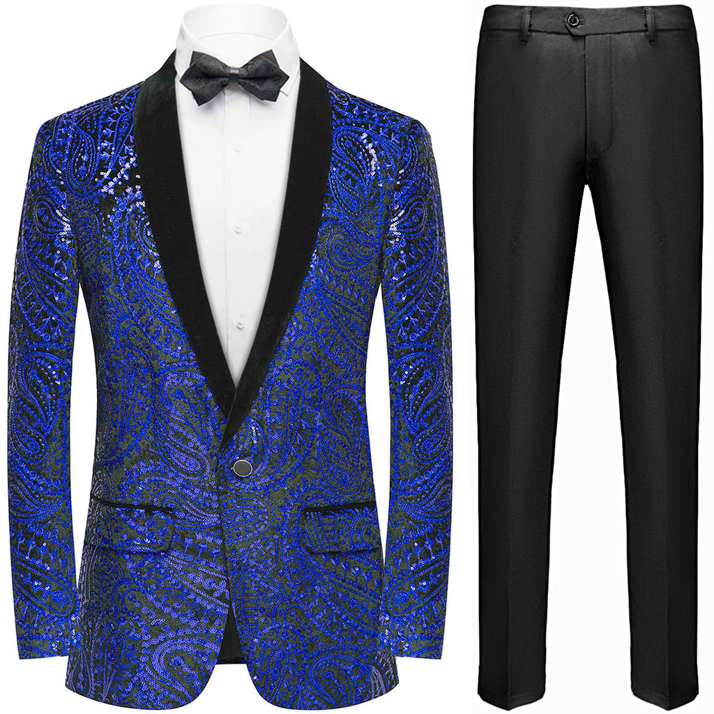 Men's Sequin Blue Paisley Black Tuxedo Jacket