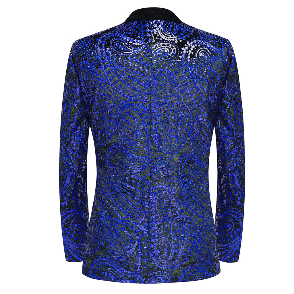 Men's Sequin Blue Paisley Black Tuxedo Jacket