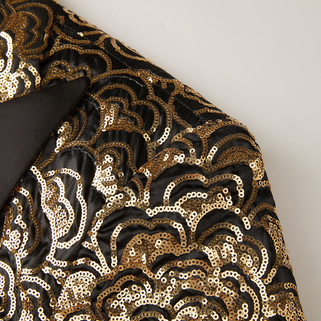 Men's Gold Floral Embroidered Sequin Black Tuxedo