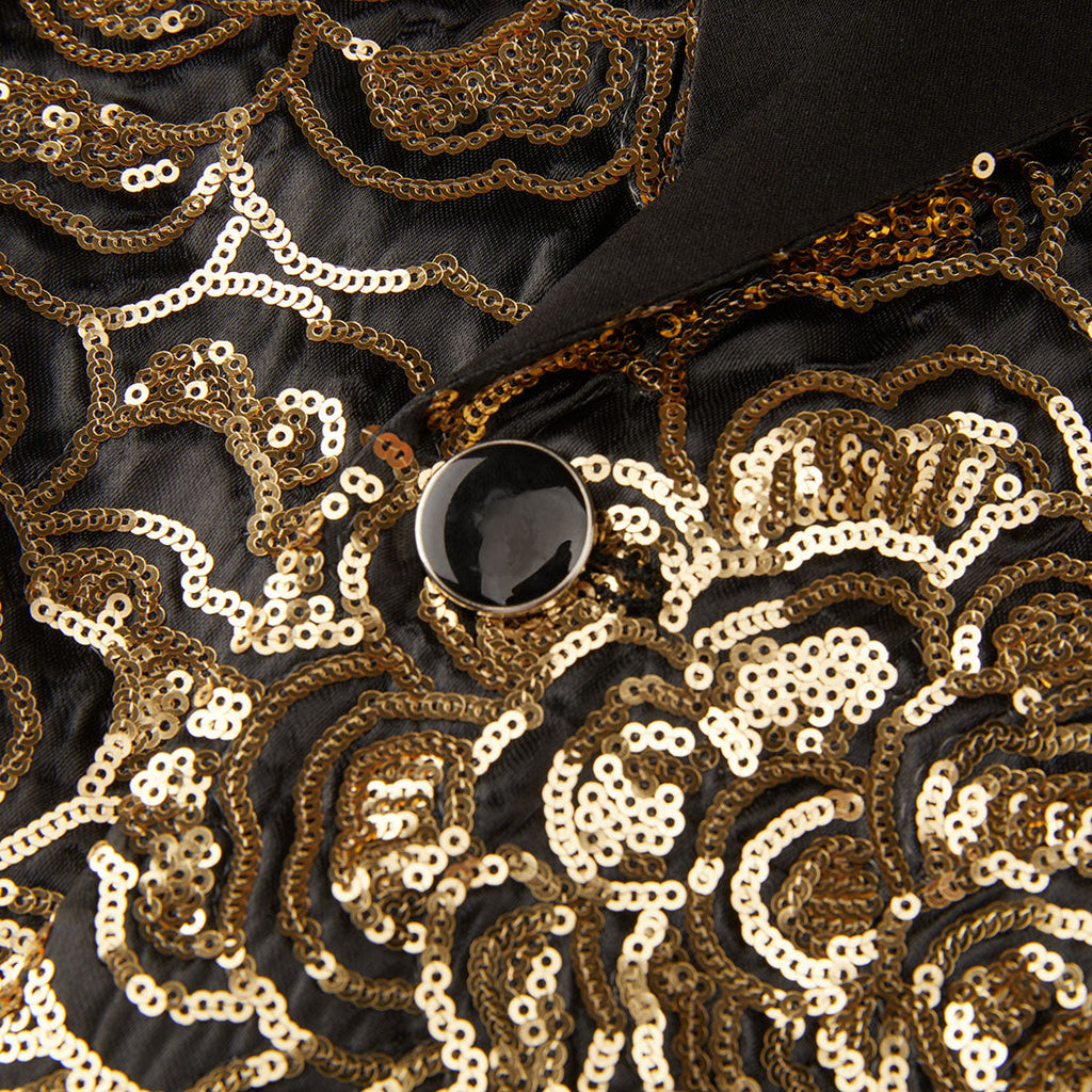 Men's Gold Floral Embroidered Sequin Black Tuxedo