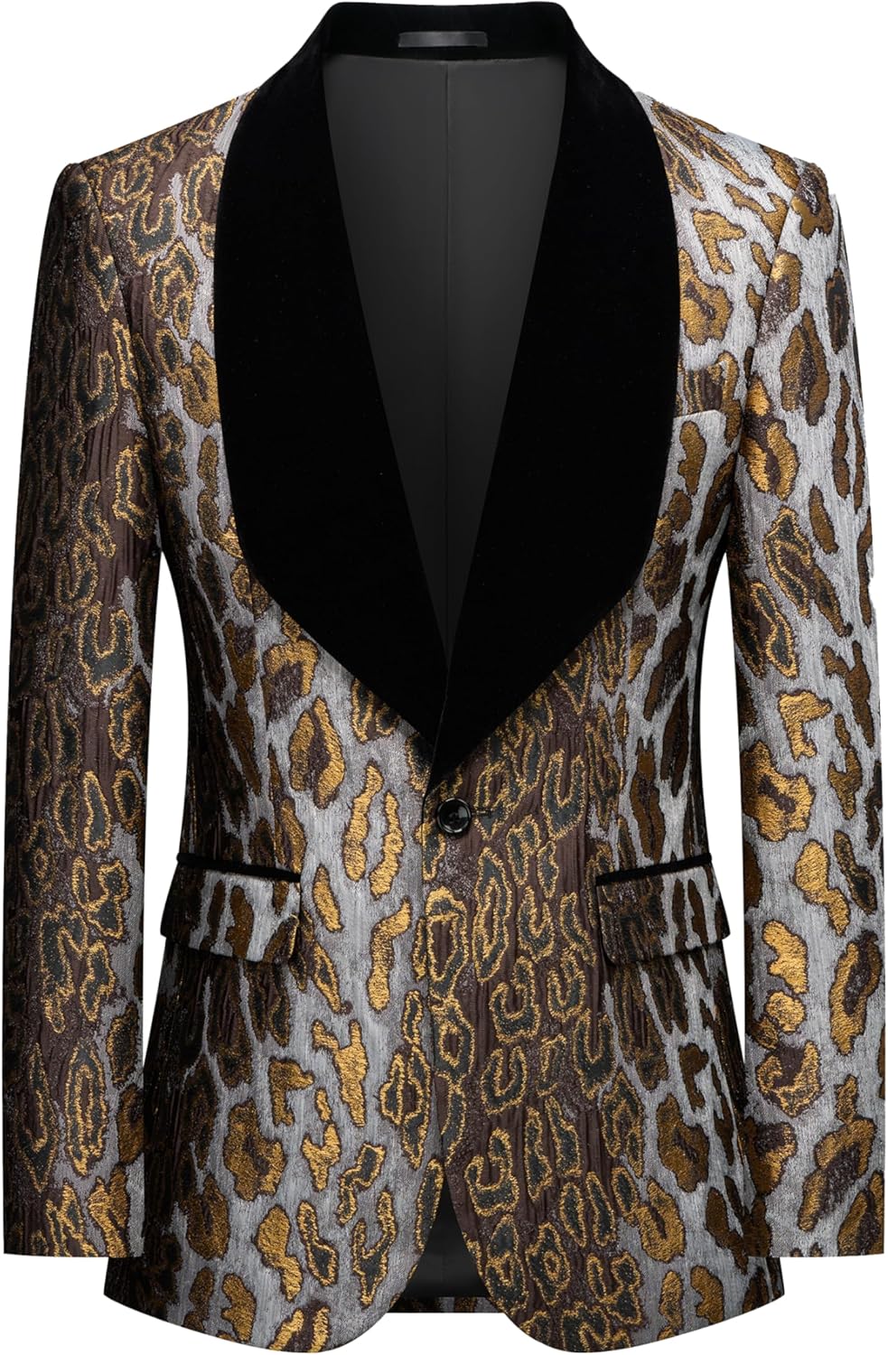 Men's Slim Fit Leopard Print Tuxedo Suit with Black Velvet Shawl Lapel One Button Tuxedo Jacket & Black Suit Pants Set